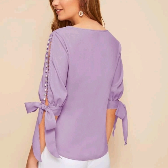 Pearl Beaded Split Sleeve Knot Cuff Top - Picture 2 of 4